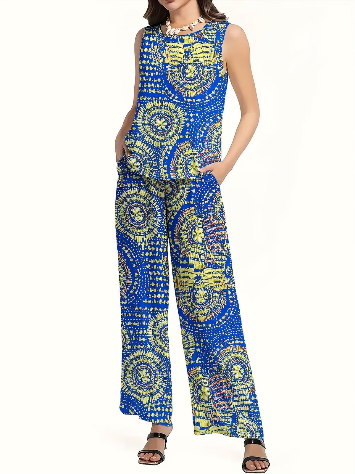Chic Polka Dot Two-Piece Set – Stylish Top & Printed Pants Outfit for Women