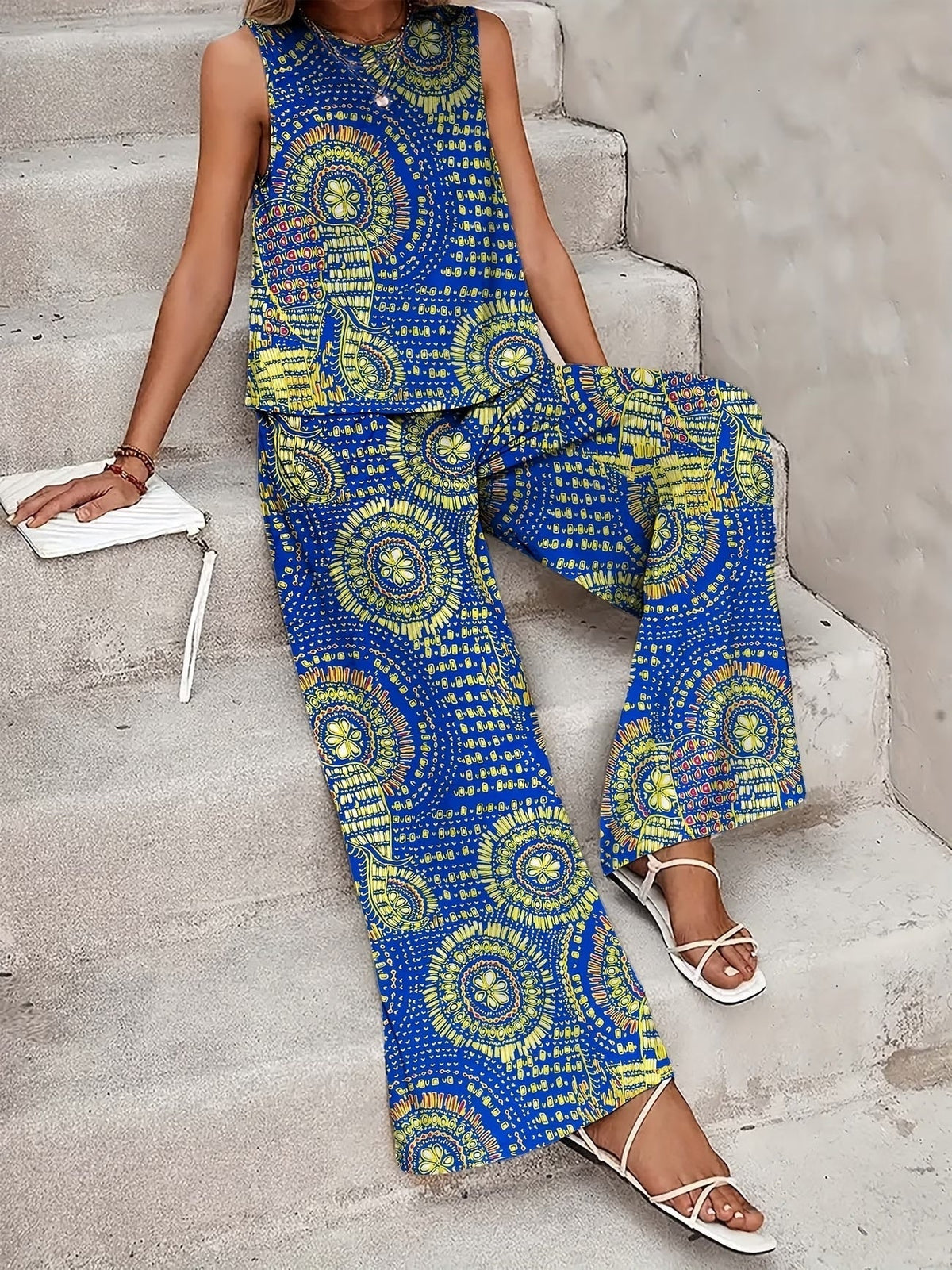 Chic Polka Dot Two-Piece Set – Stylish Top & Printed Pants Outfit for Women