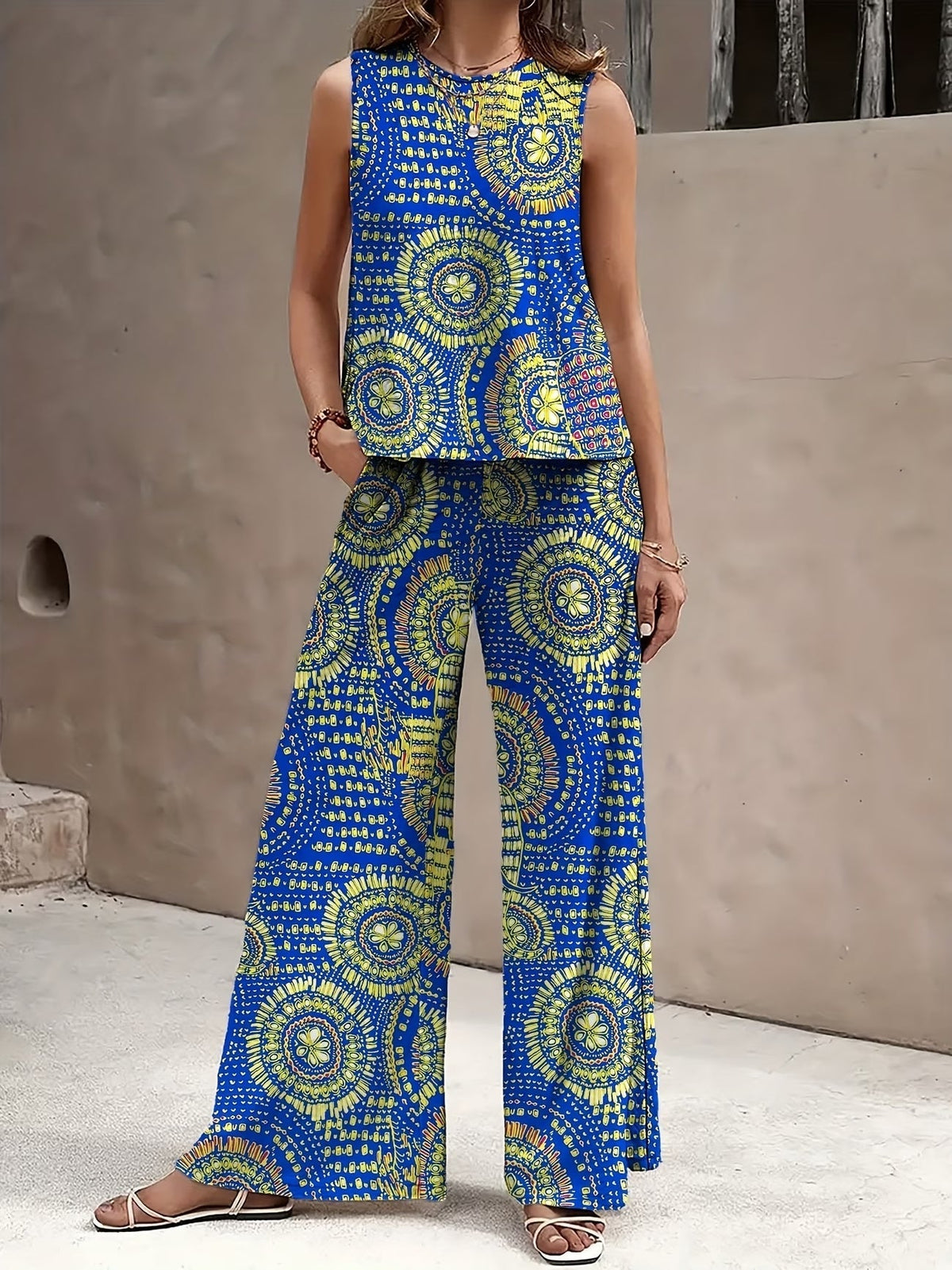 Chic Polka Dot Two-Piece Set – Stylish Top & Printed Pants Outfit for Women