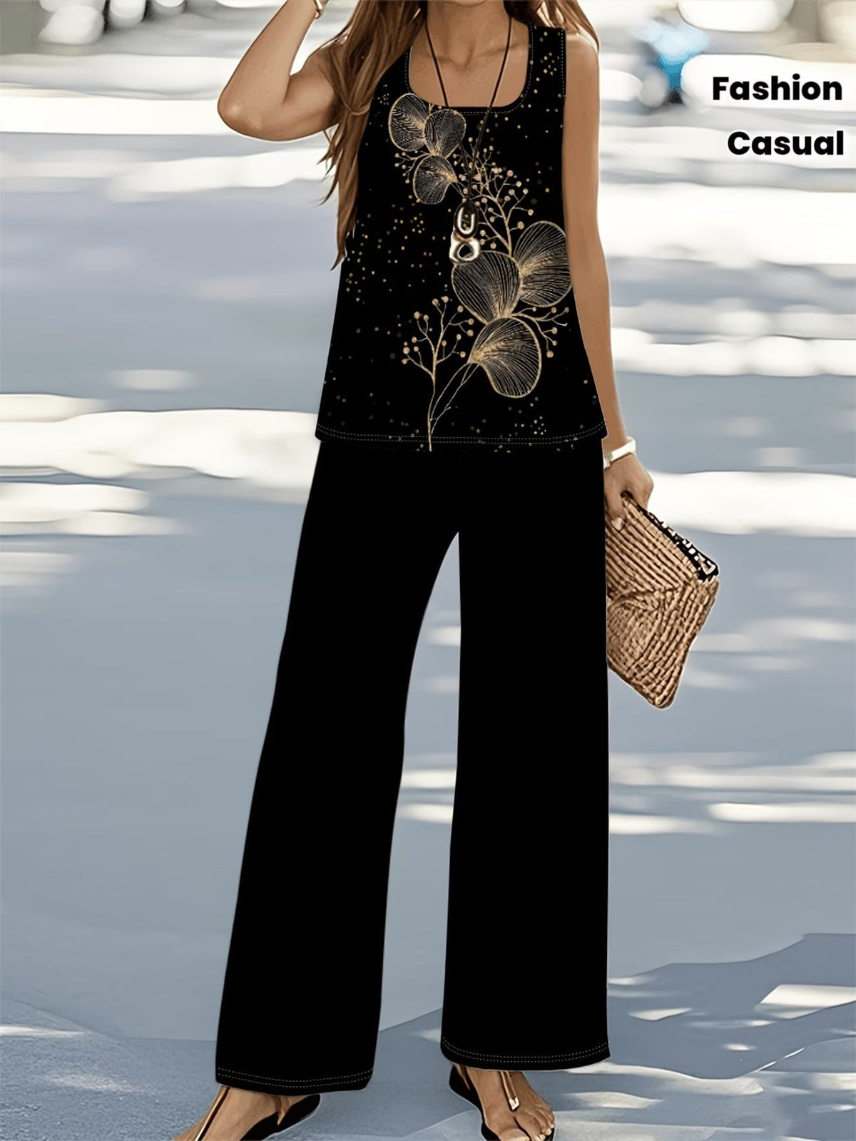 Chic Polka Dot Two-Piece Set – Stylish Top & Printed Pants Outfit for Women