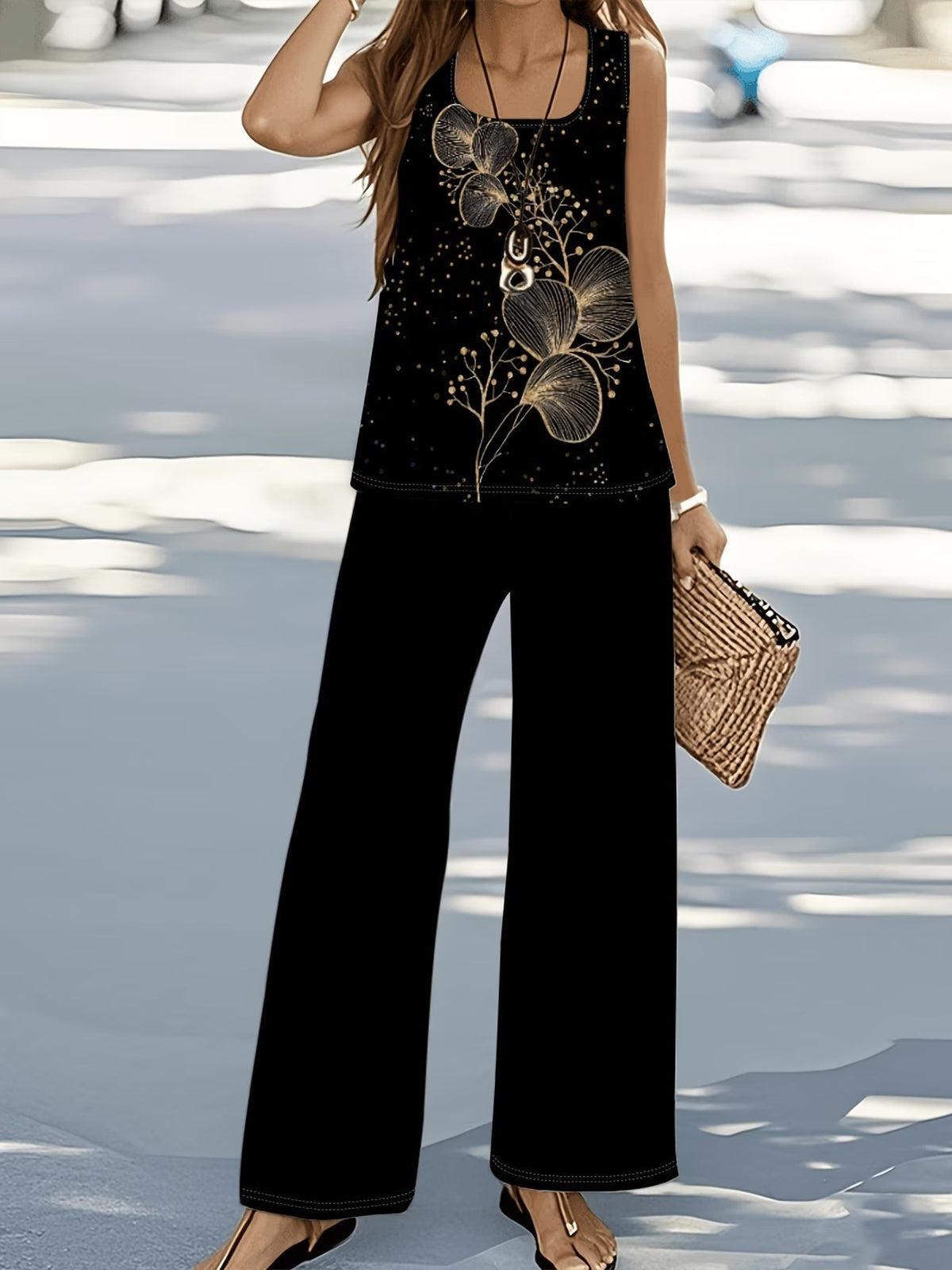 Chic Polka Dot Two-Piece Set – Stylish Top & Printed Pants Outfit for Women