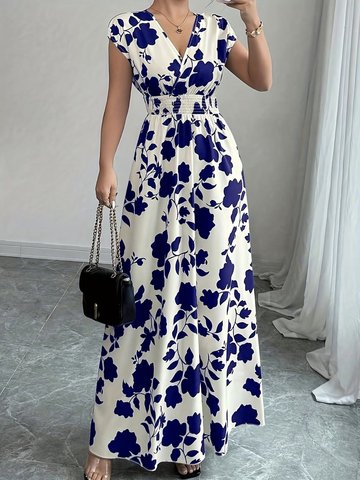 Elegant Floral Maxi Dress – V-Neck A-Line Flowing Dress with Cinched Waist for Women