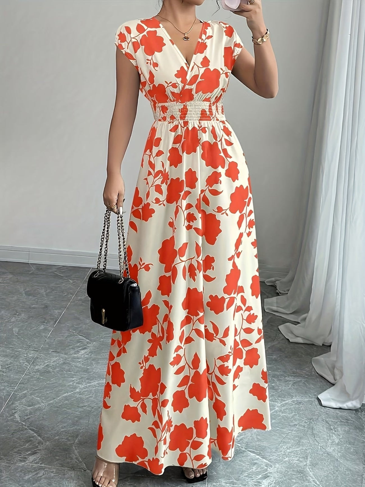 Elegant Floral Maxi Dress – V-Neck A-Line Flowing Dress with Cinched Waist for Women