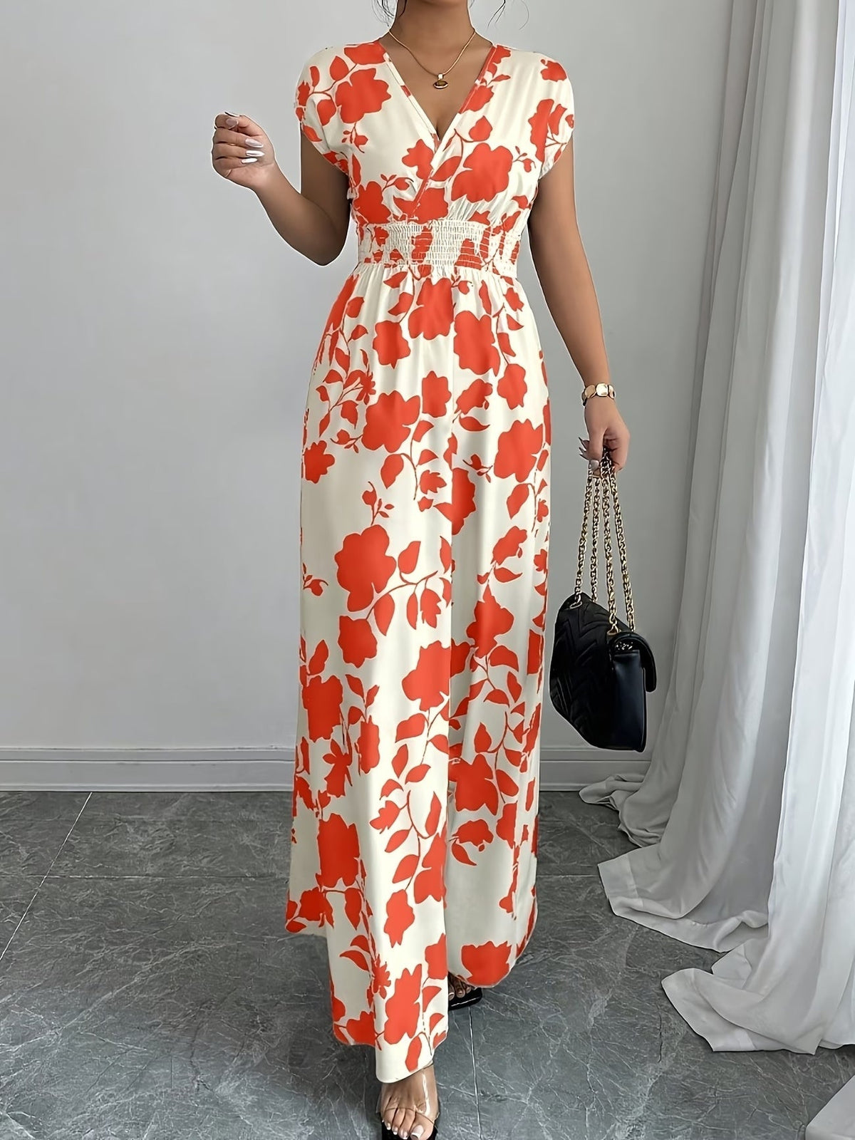 Elegant Floral Maxi Dress – V-Neck A-Line Flowing Dress with Cinched Waist for Women