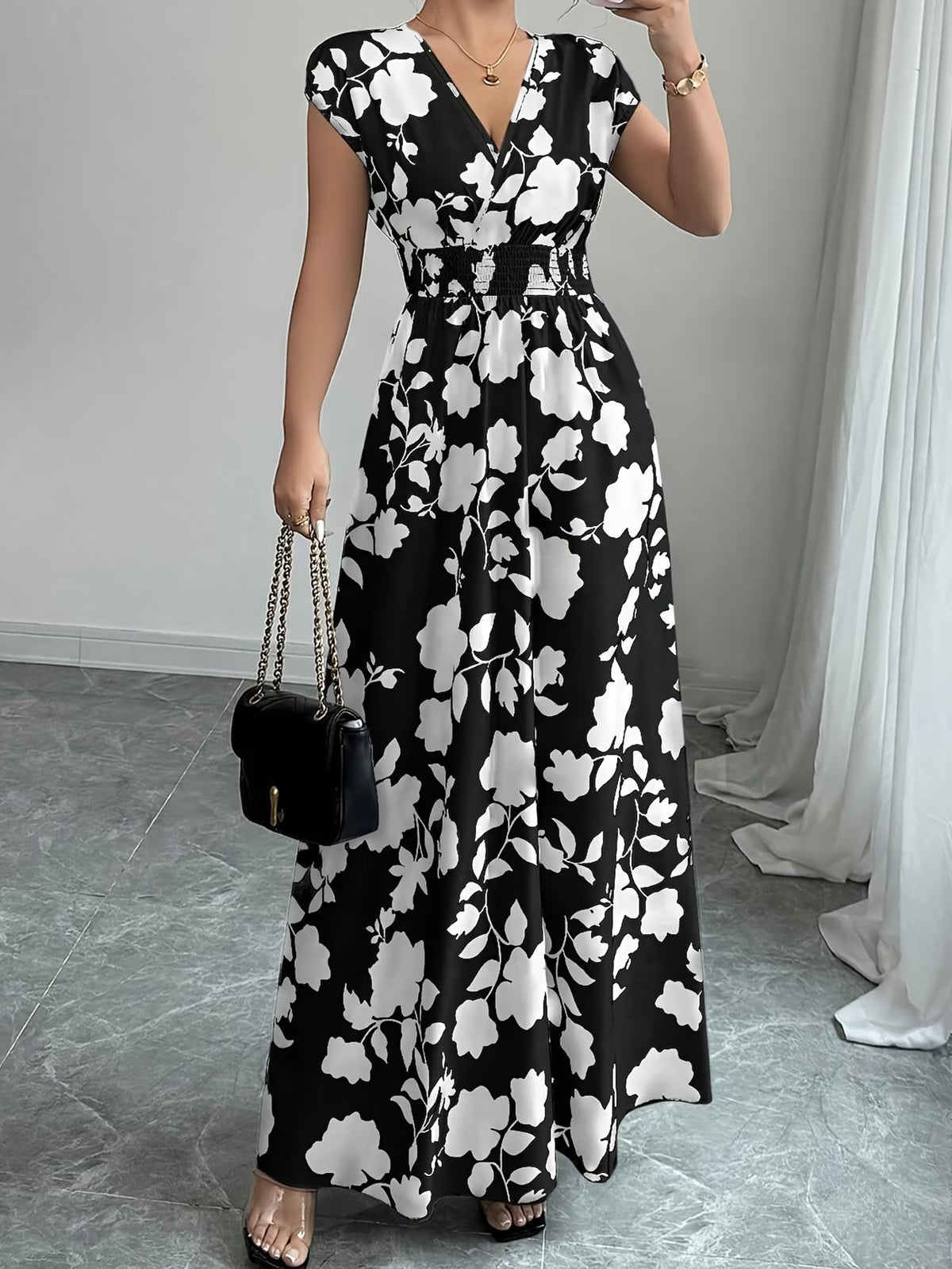 Elegant Floral Maxi Dress – V-Neck A-Line Flowing Dress with Cinched Waist for Women