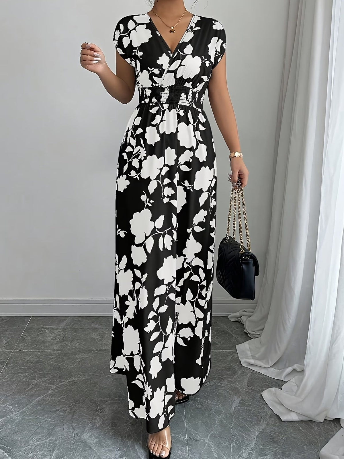 Elegant Floral Maxi Dress – V-Neck A-Line Flowing Dress with Cinched Waist for Women