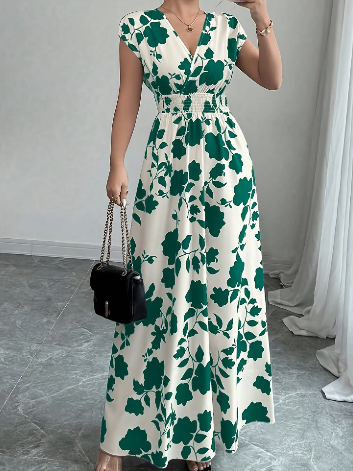 Elegant Floral Maxi Dress – V-Neck A-Line Flowing Dress with Cinched Waist for Women