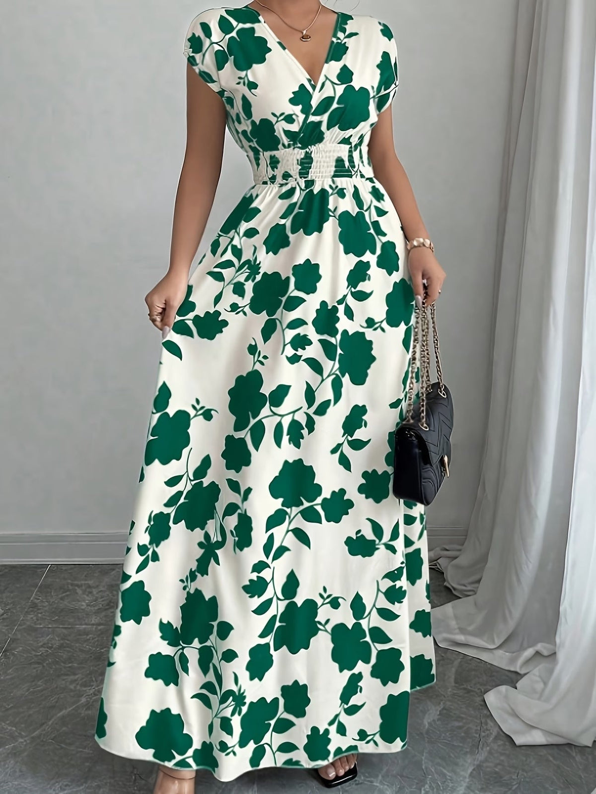 Elegant Floral Maxi Dress – V-Neck A-Line Flowing Dress with Cinched Waist for Women