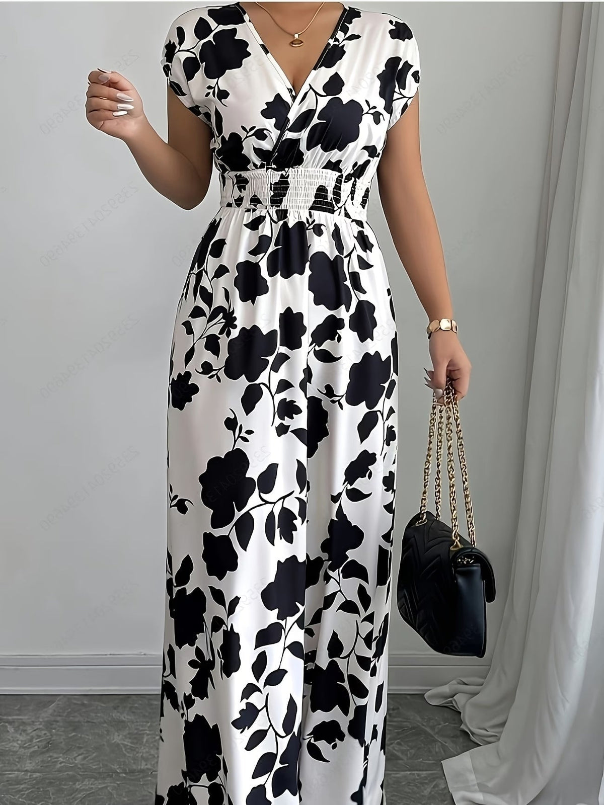 Elegant Floral Maxi Dress – V-Neck A-Line Flowing Dress with Cinched Waist for Women