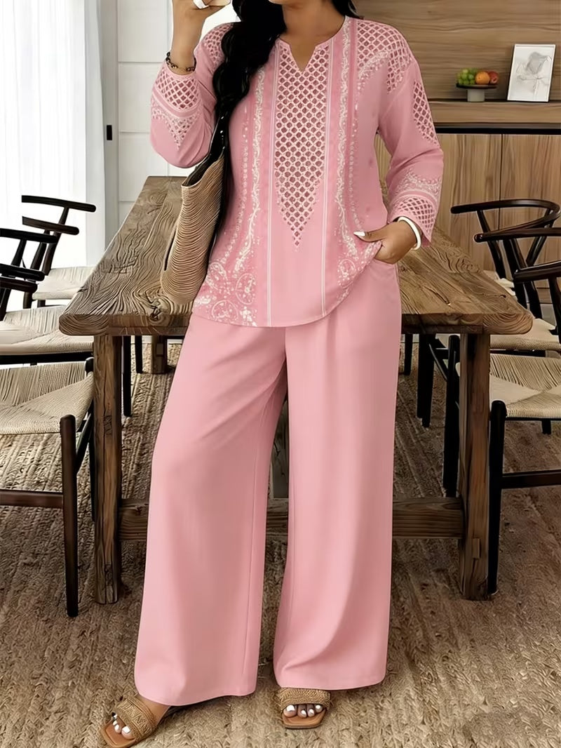 Stylish Printed Two-Piece Set – V-Neck Button Shirt & Elastic Waist Pants Outfit for Women