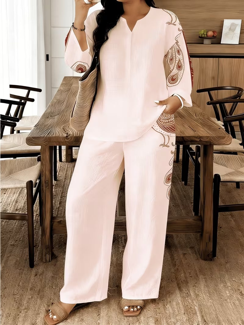 Stylish Printed Two-Piece Set – V-Neck Button Shirt & Elastic Waist Pants Outfit for Women