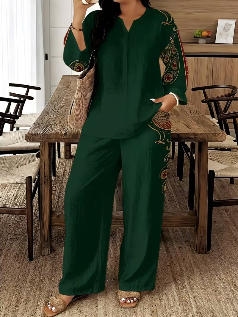 Stylish Printed Two-Piece Set – V-Neck Button Shirt & Elastic Waist Pants Outfit for Women
