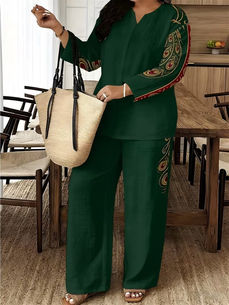 Stylish Printed Two-Piece Set – V-Neck Button Shirt & Elastic Waist Pants Outfit for Women