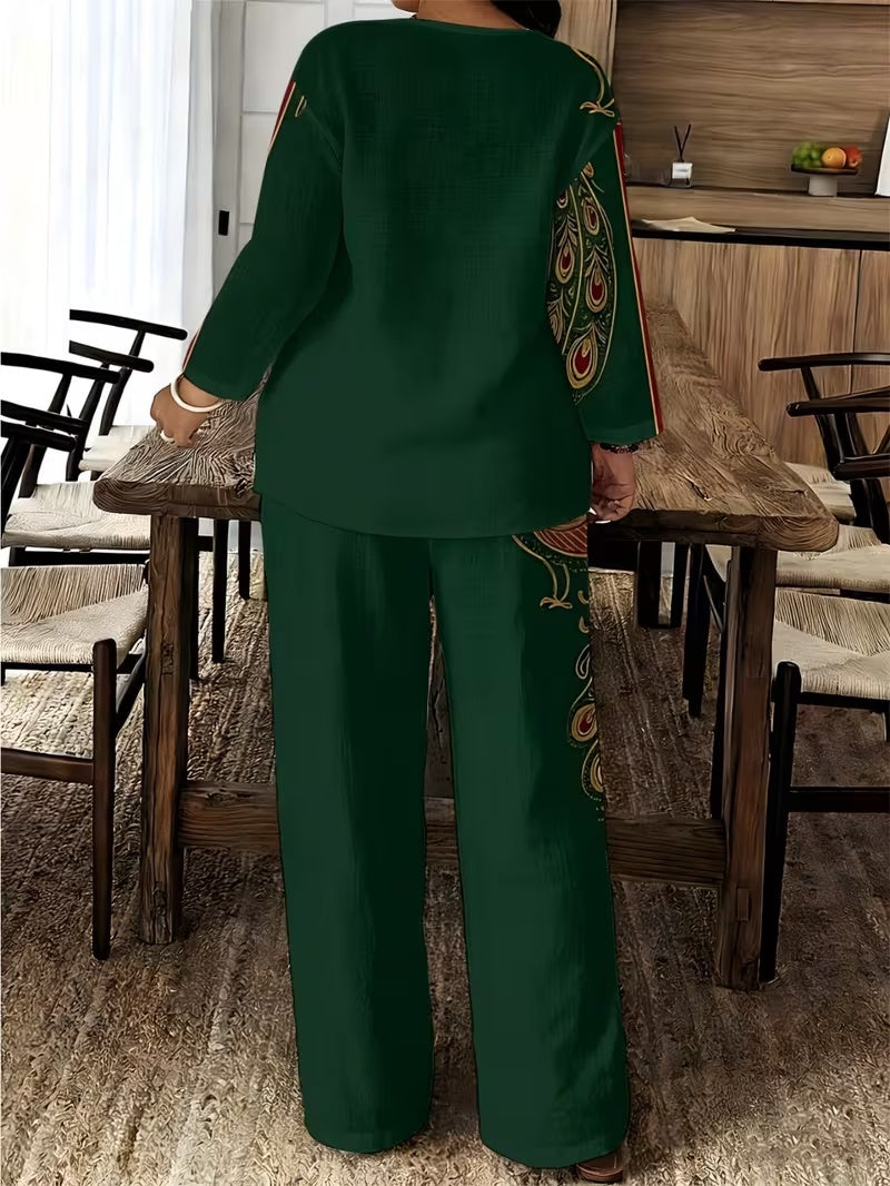 Stylish Printed Two-Piece Set – V-Neck Button Shirt & Elastic Waist Pants Outfit for Women
