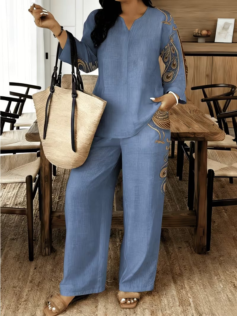 Stylish Printed Two-Piece Set – V-Neck Button Shirt & Elastic Waist Pants Outfit for Women