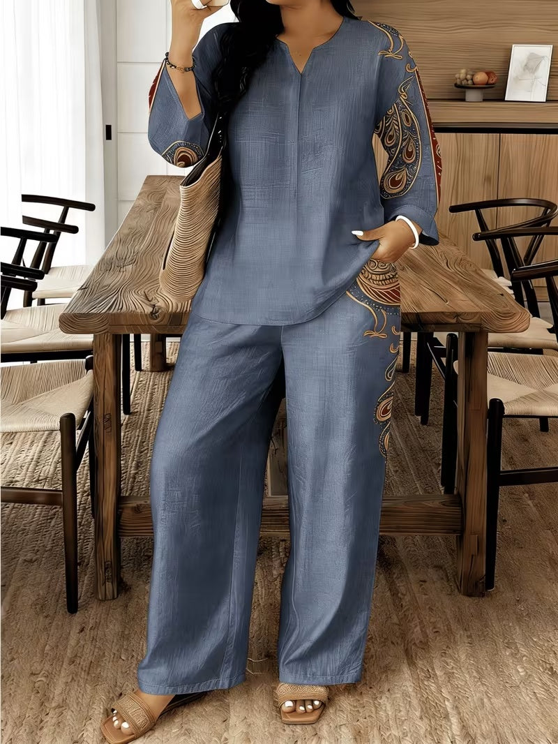 Stylish Printed Two-Piece Set – V-Neck Button Shirt & Elastic Waist Pants Outfit for Women