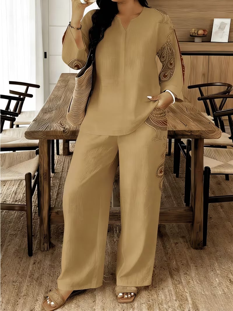 Stylish Printed Two-Piece Set – V-Neck Button Shirt & Elastic Waist Pants Outfit for Women