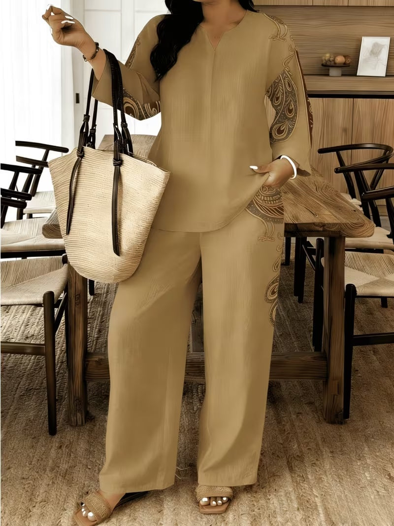 Stylish Printed Two-Piece Set – V-Neck Button Shirt & Elastic Waist Pants Outfit for Women