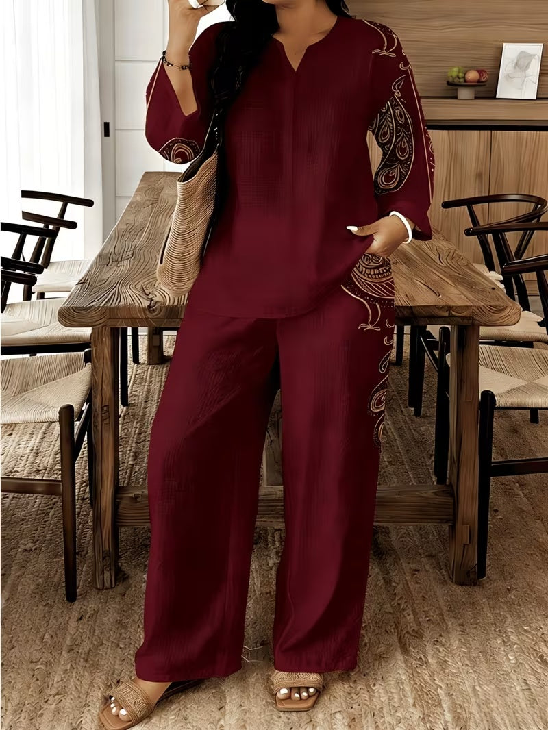 Stylish Printed Two-Piece Set – V-Neck Button Shirt & Elastic Waist Pants Outfit for Women