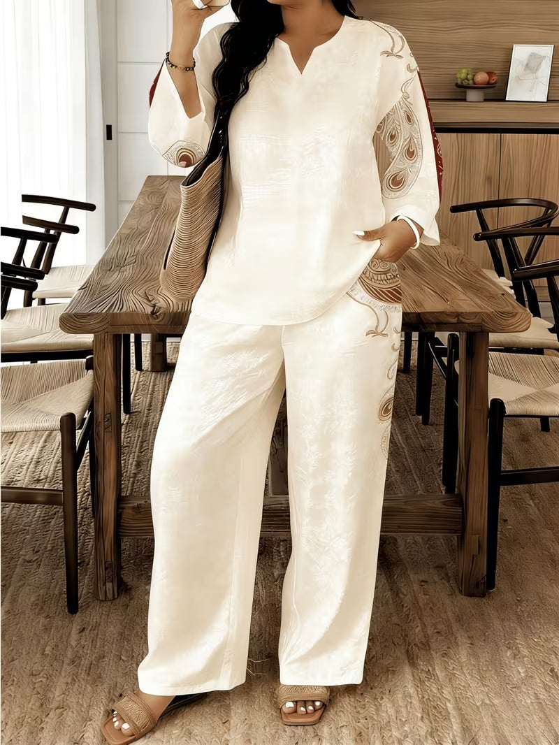 Stylish Printed Two-Piece Set – V-Neck Button Shirt & Elastic Waist Pants Outfit for Women