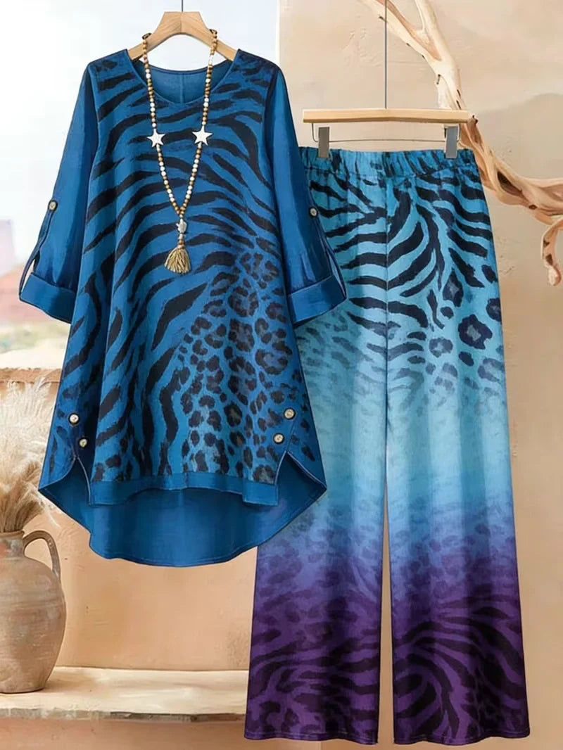 Plus Size Floral Long-Sleeve Co-Ord Set – Elegant Round Neck Outfit