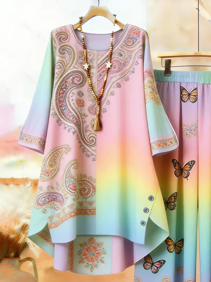 Plus Size Floral Long-Sleeve Co-Ord Set – Elegant Round Neck Outfit