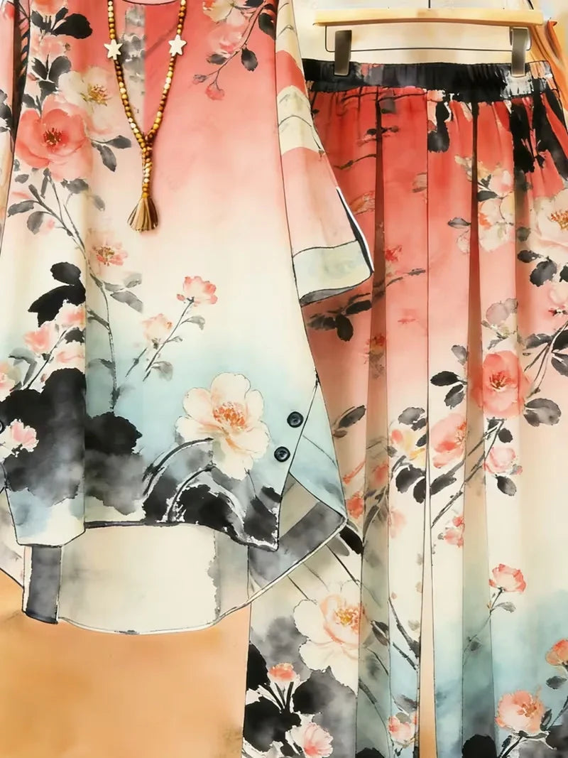 Plus Size Floral Long-Sleeve Co-Ord Set – Elegant Round Neck Outfit