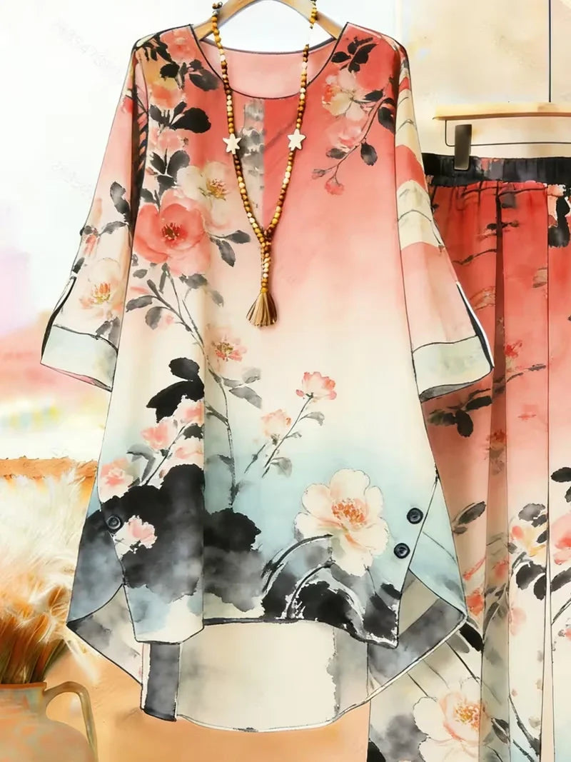 Plus Size Floral Long-Sleeve Co-Ord Set – Elegant Round Neck Outfit