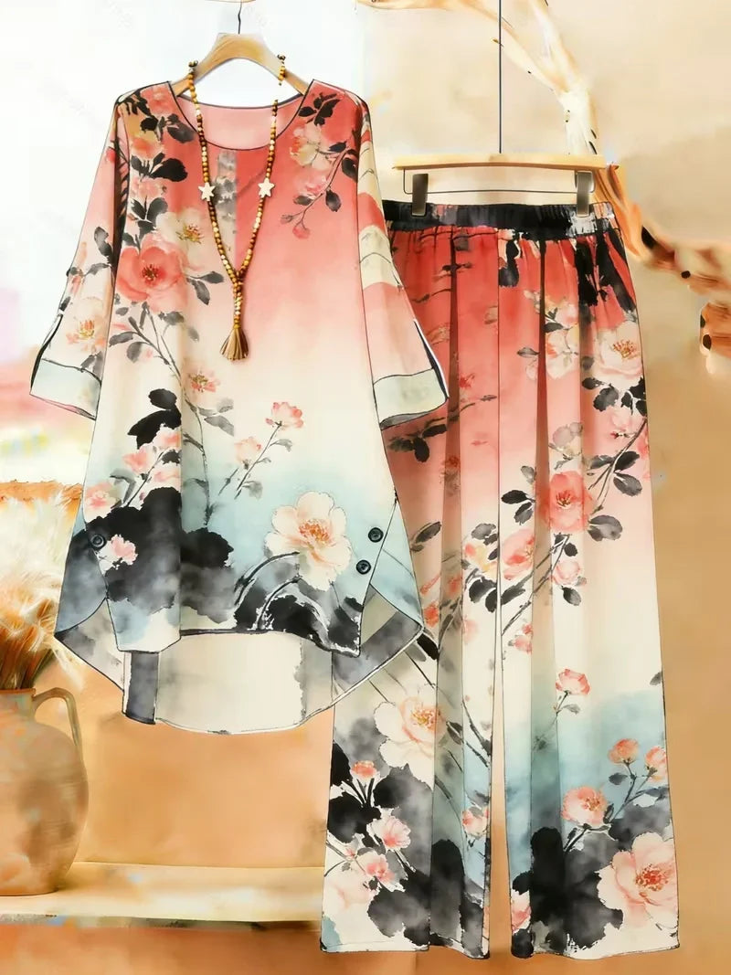 Plus Size Floral Long-Sleeve Co-Ord Set – Elegant Round Neck Outfit