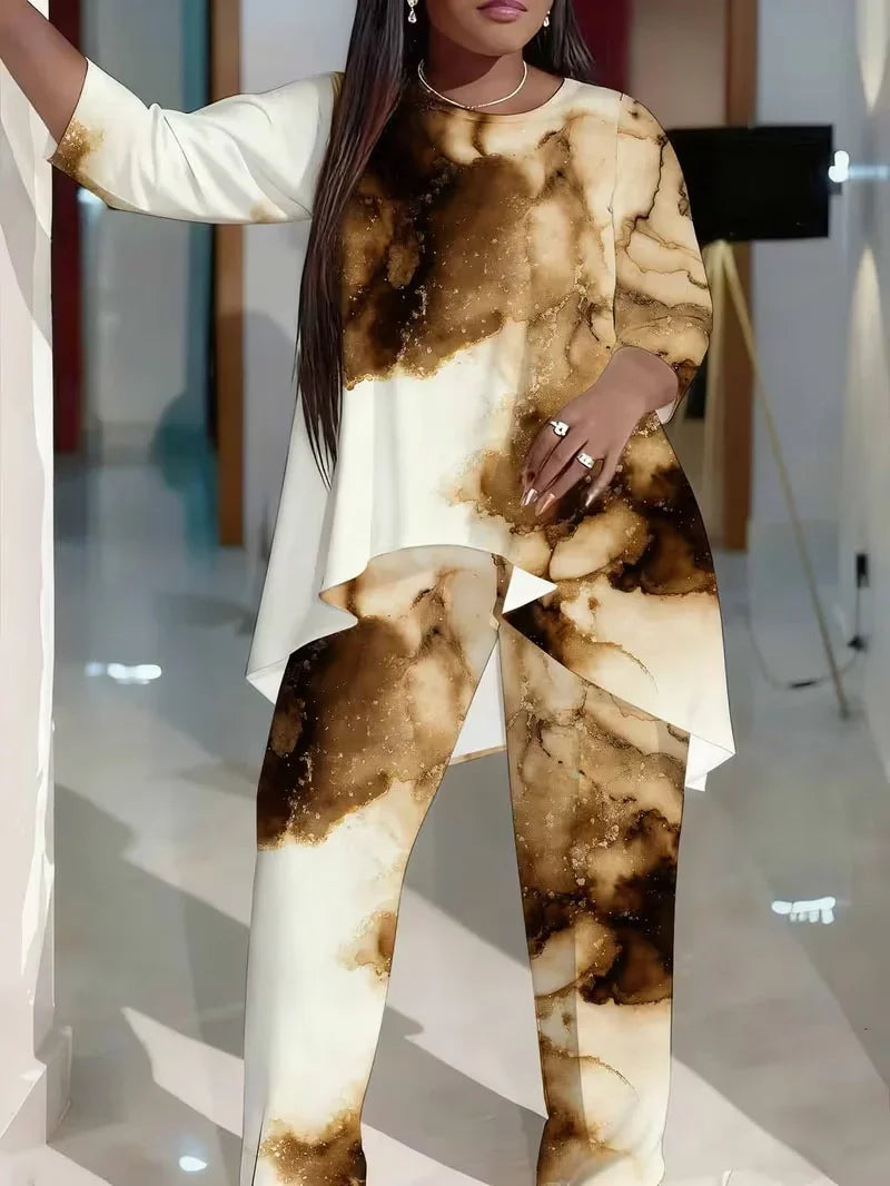Plus Size Floral Long-Sleeve Co-Ord Set – Elegant Round Neck Outfit