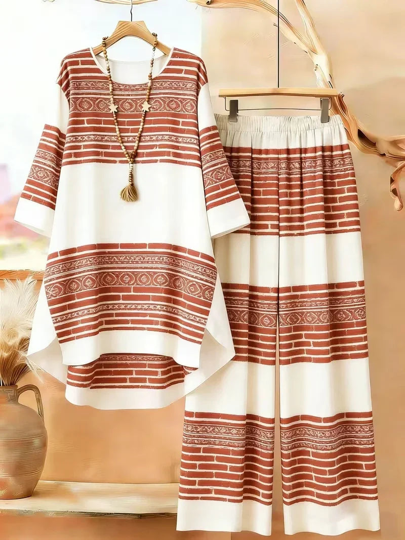 Plus Size Bohemian Geometric Print Co-Ord Set – Retro Round Neck Mid Sleeve Outfit