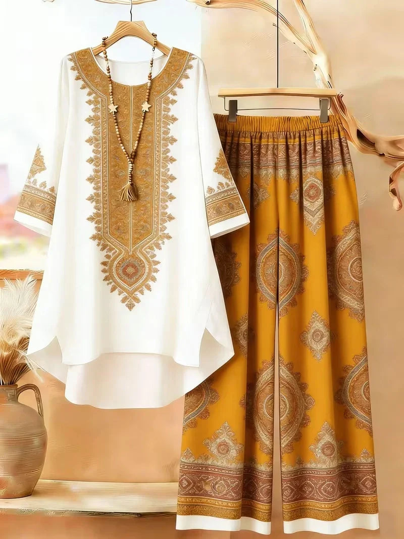 Plus Size Bohemian Geometric Print Co-Ord Set – Retro Round Neck Mid Sleeve Outfit