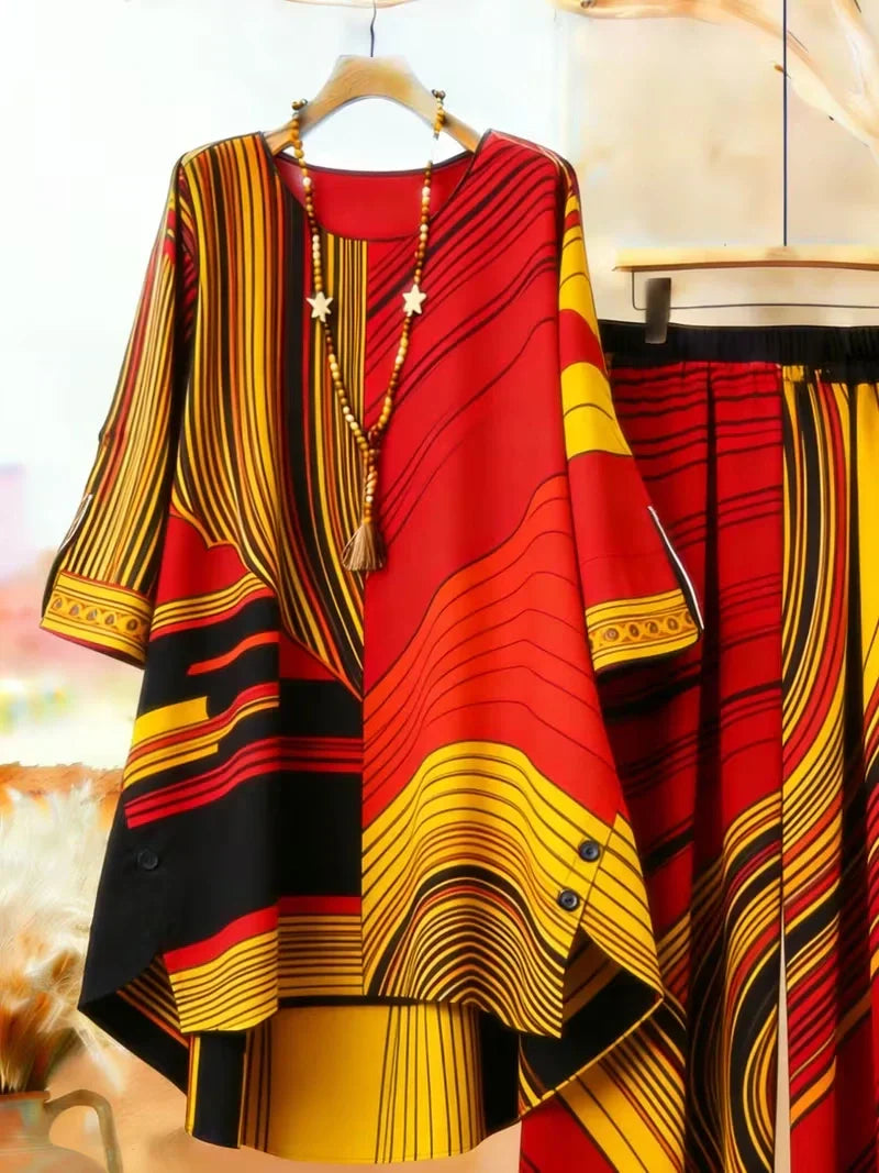 Plus Size Bohemian Geometric Print Co-Ord Set – Retro Round Neck Mid Sleeve Outfit