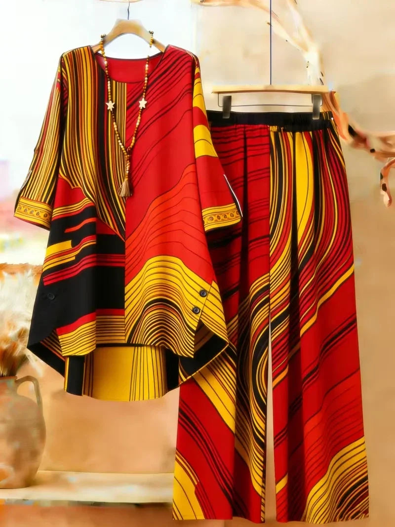 Plus Size Bohemian Geometric Print Co-Ord Set – Retro Round Neck Mid Sleeve Outfit