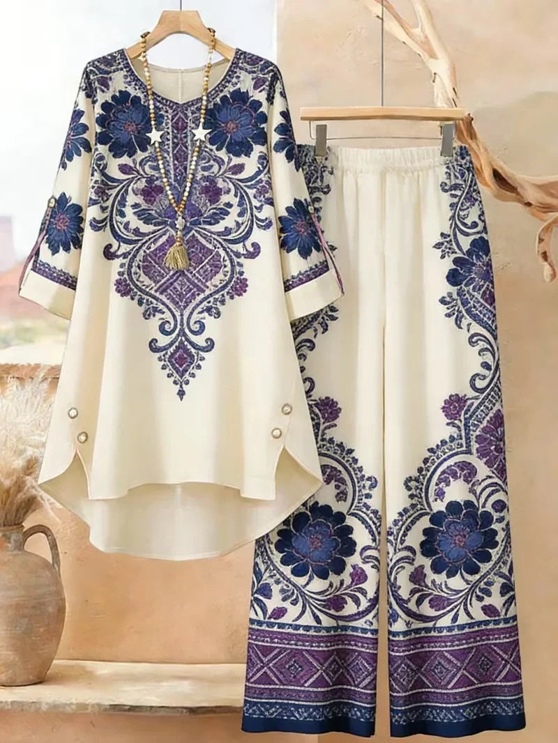 Plus Size Bohemian Geometric Print Co-Ord Set – Retro Round Neck Mid Sleeve Outfit