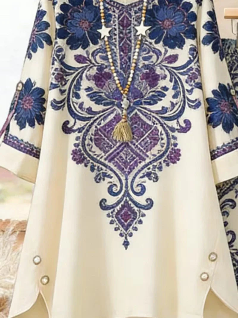 Plus Size Bohemian Geometric Print Co-Ord Set – Retro Round Neck Mid Sleeve Outfit