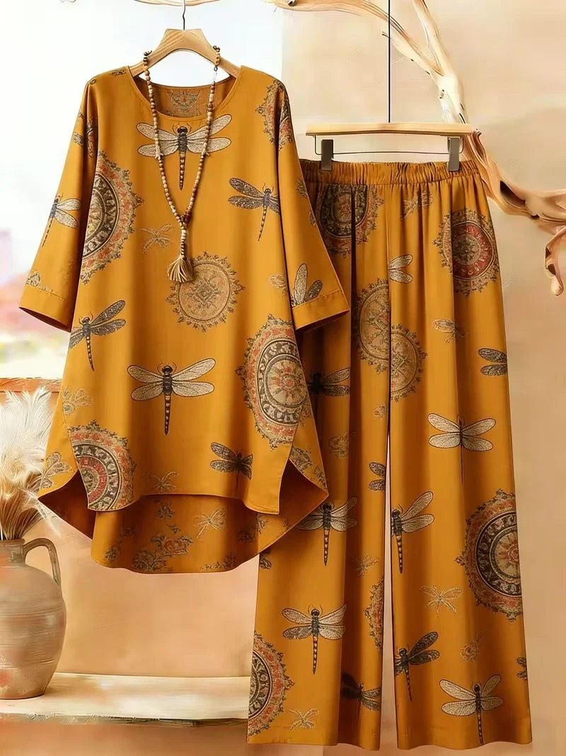 Plus Size Bohemian Geometric Print Co-Ord Set – Retro Round Neck Mid Sleeve Outfit