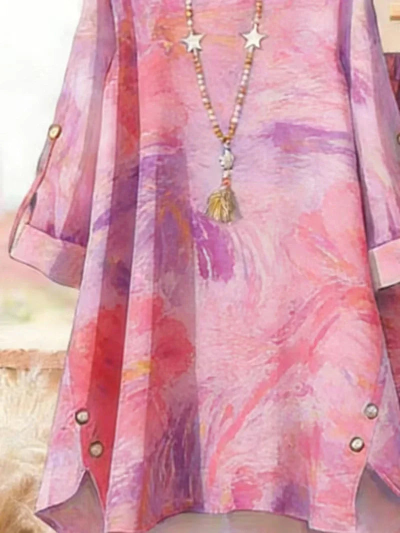 Plus Size Bohemian Geometric Print Co-Ord Set – Retro Round Neck Mid Sleeve Outfit