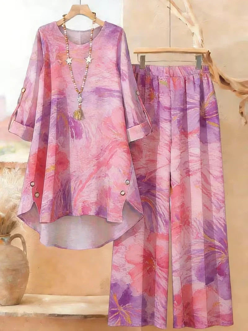 Plus Size Bohemian Geometric Print Co-Ord Set – Retro Round Neck Mid Sleeve Outfit