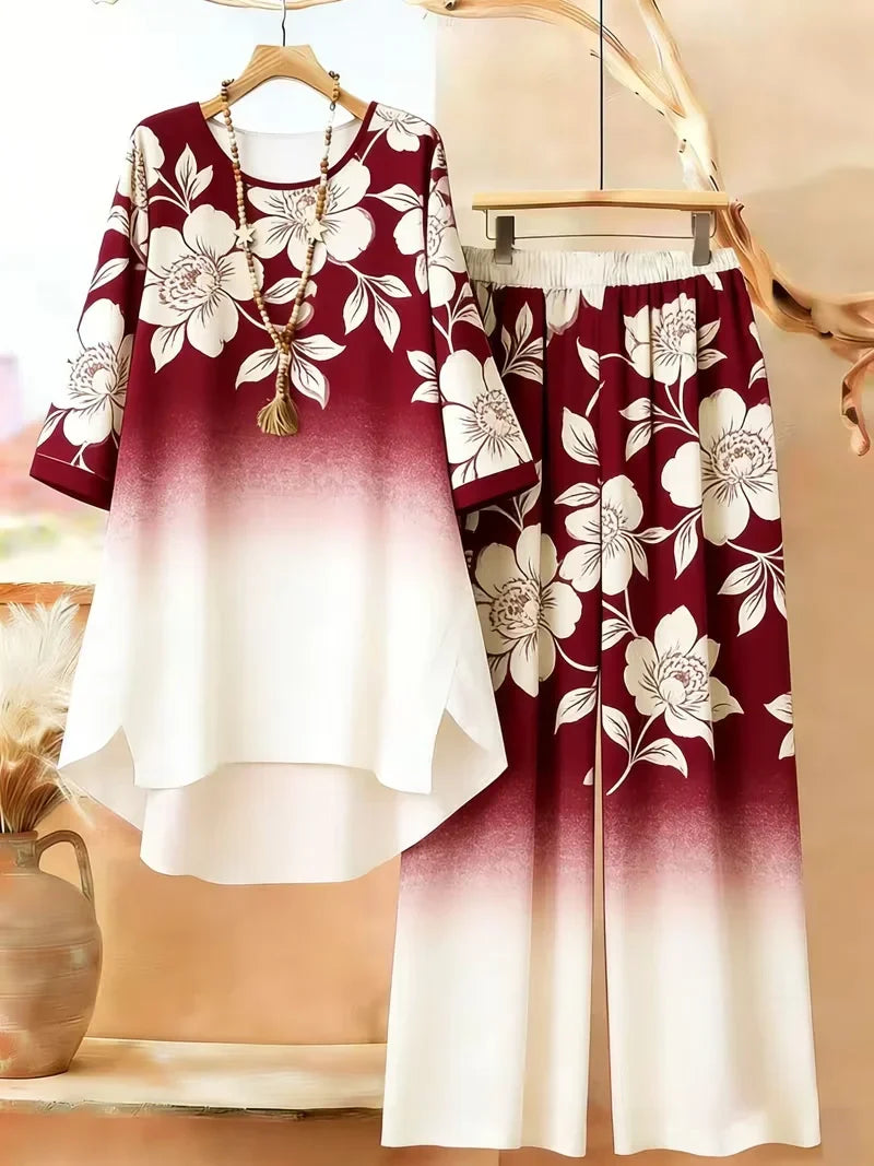Plus Size Bohemian Geometric Print Co-Ord Set – Retro Round Neck Mid Sleeve Outfit