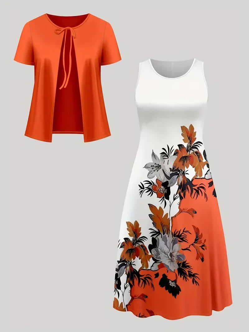 Women’s Floral Dress Set with Cardigan – Casual Elegant Wear