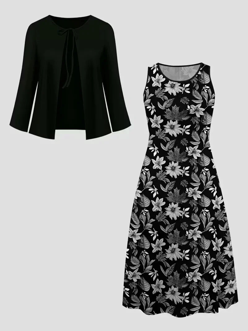 Women’s Floral Dress Set with Cardigan – Casual Elegant Wear