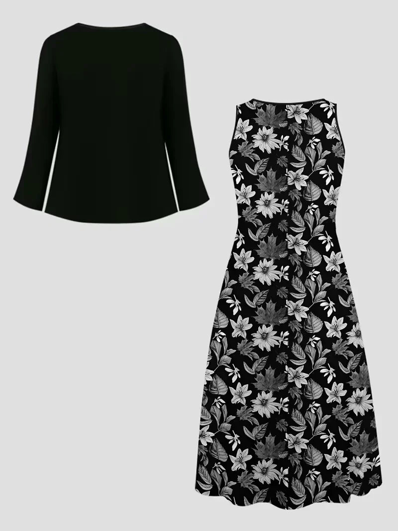 Women’s Floral Dress Set with Cardigan – Casual Elegant Wear