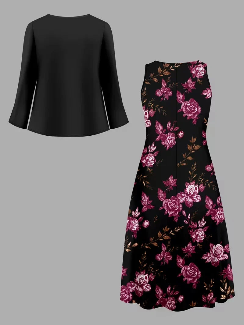 Women’s Floral Dress Set with Cardigan – Casual Elegant Wear