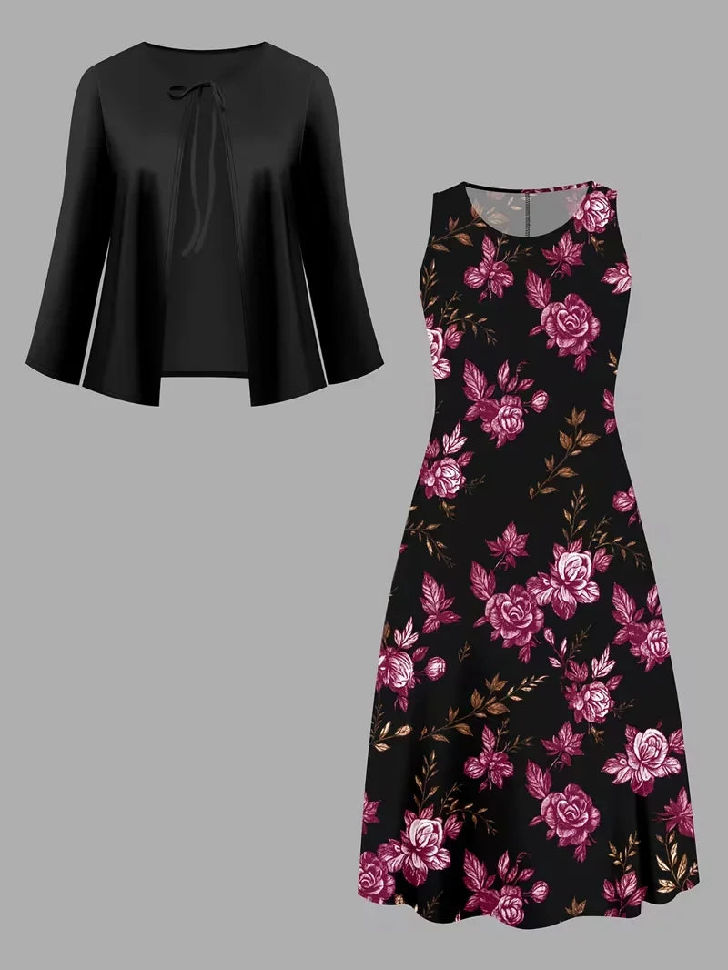 Women’s Floral Dress Set with Cardigan – Casual Elegant Wear