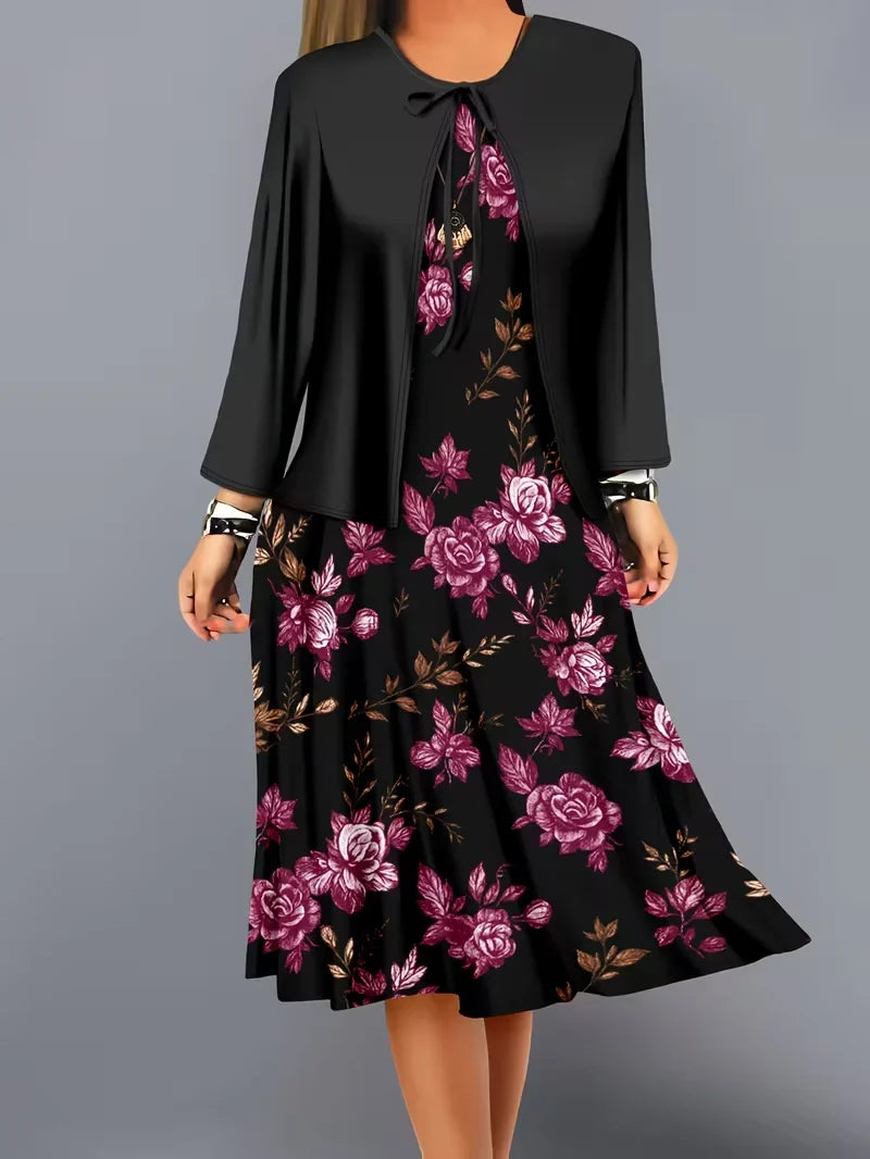 Women’s Floral Dress Set with Cardigan – Casual Elegant Wear
