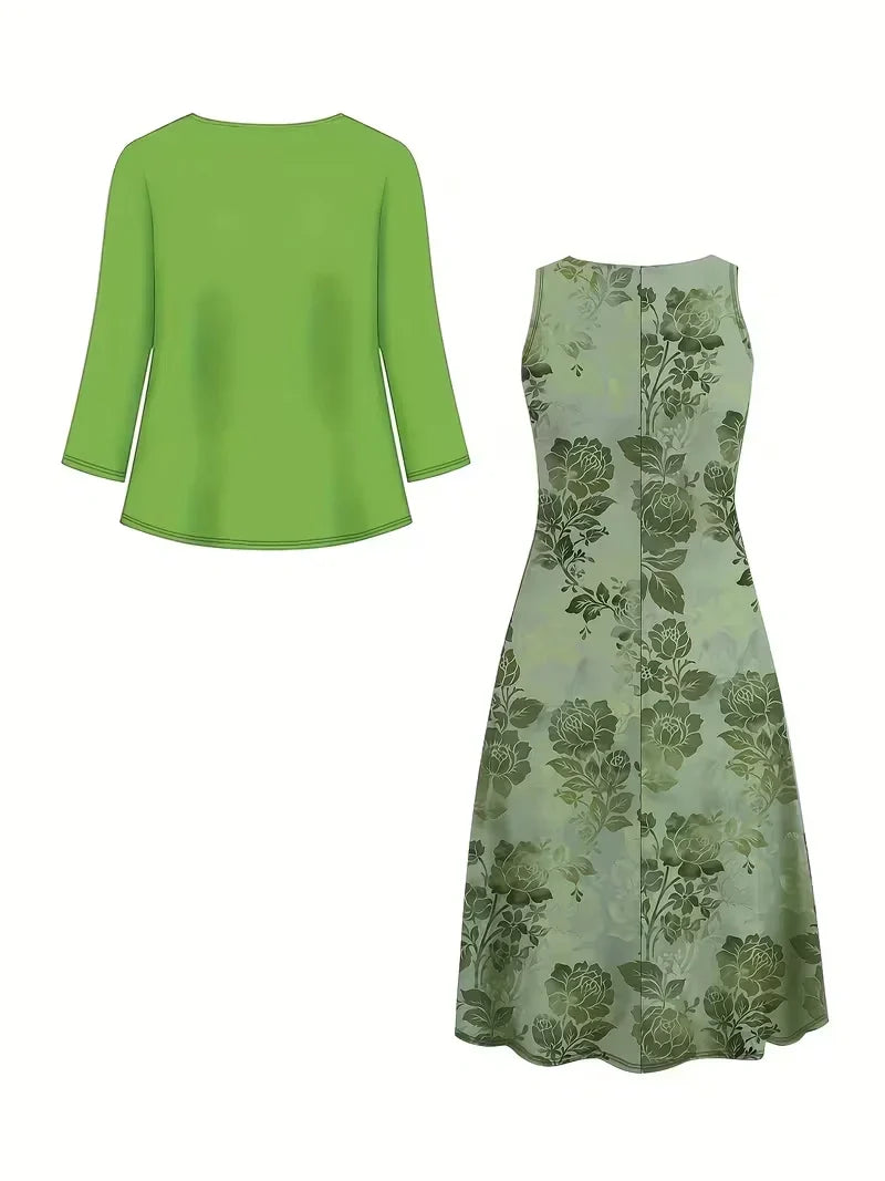 Women’s Floral Dress Set with Cardigan – Casual Elegant Wear