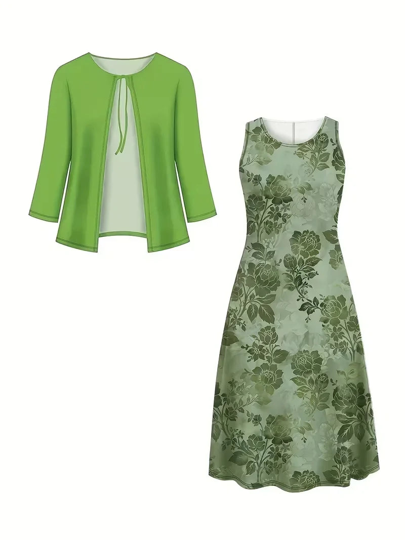 Women’s Floral Dress Set with Cardigan – Casual Elegant Wear
