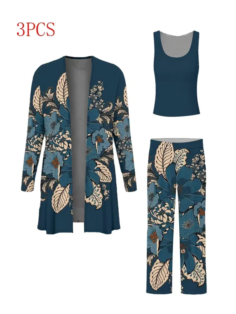 Floral Embroidered 3 Piece Linen Co-ord Set for Women — Jacket Vest and Wide Leg Pants