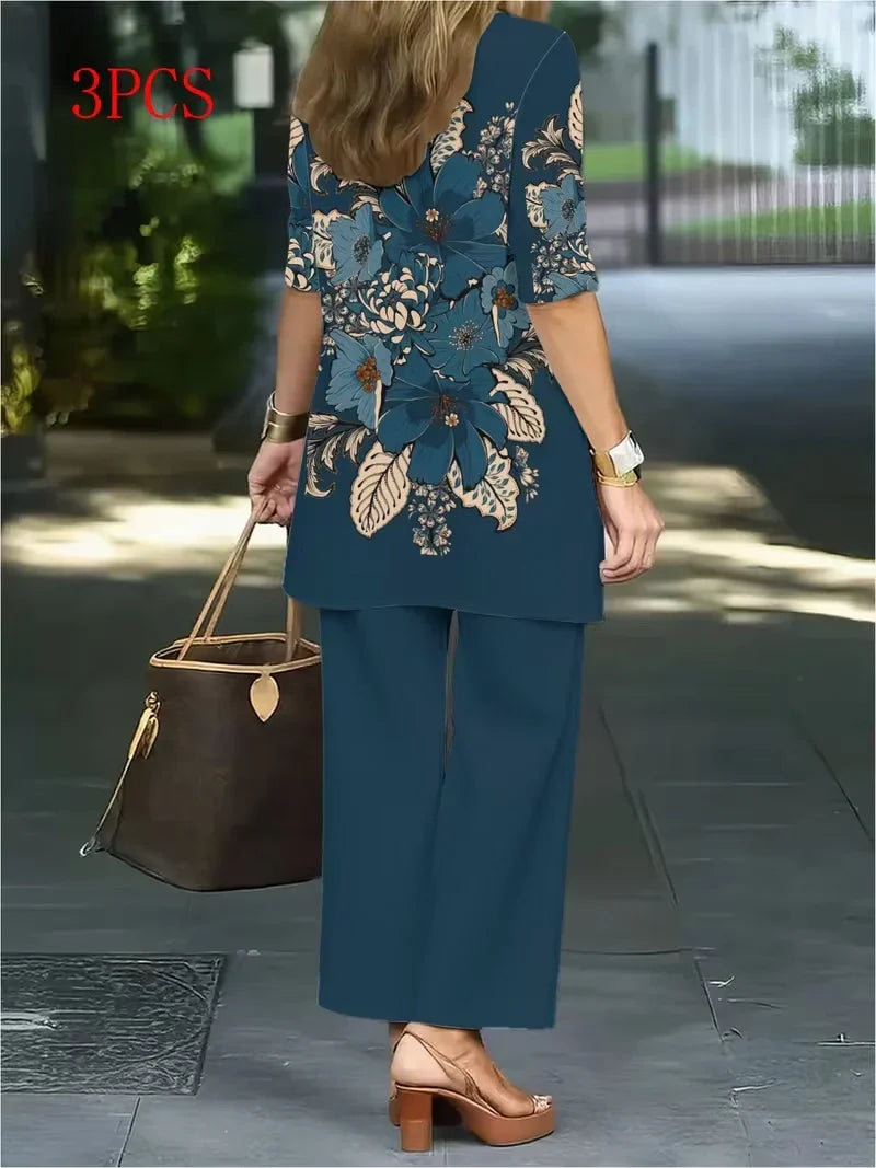 Floral Embroidered 3 Piece Linen Co-ord Set for Women — Jacket Vest and Wide Leg Pants